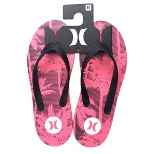 Hurley Flip-Flops  Men's Size 10  NWOT  Palm Tree Print Sandals  Black / Pink